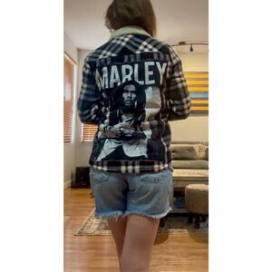 BOB MARLEY Upcycled Plaid Flannel Shacket Retro Vintage Fleece 70s Jacket Sz XS